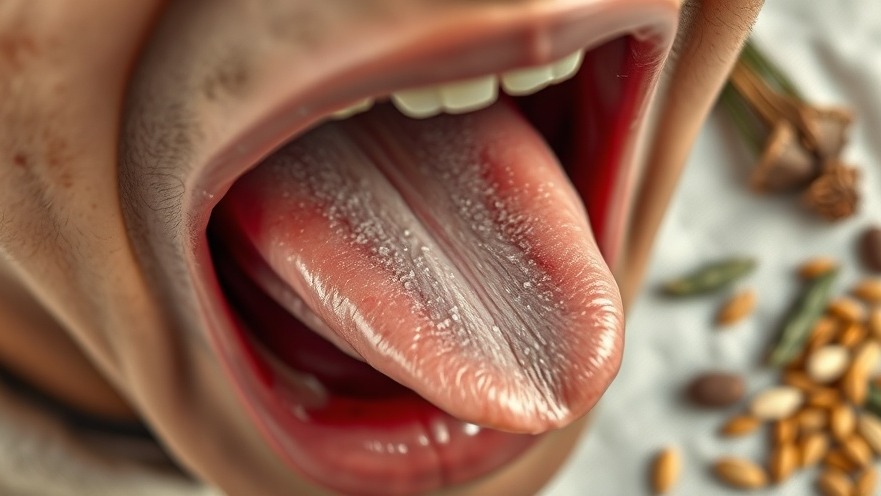 Close-up of a white coated tongue suggesting digestive health issues, Ayurvedic tongue diagnosis.