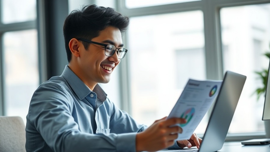 Confident young entrepreneur using payroll solutions on a laptop in a bright office.