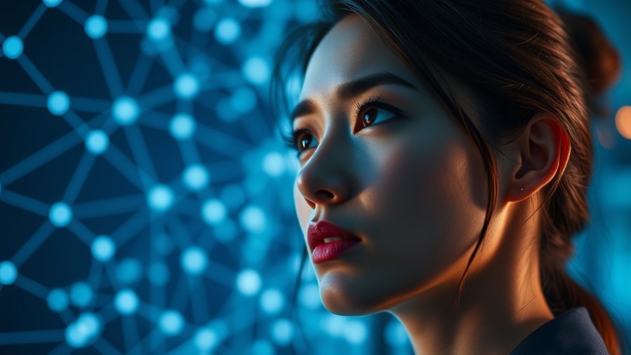 Thoughtful young woman contemplating artificial general intelligence with glowing AI network.