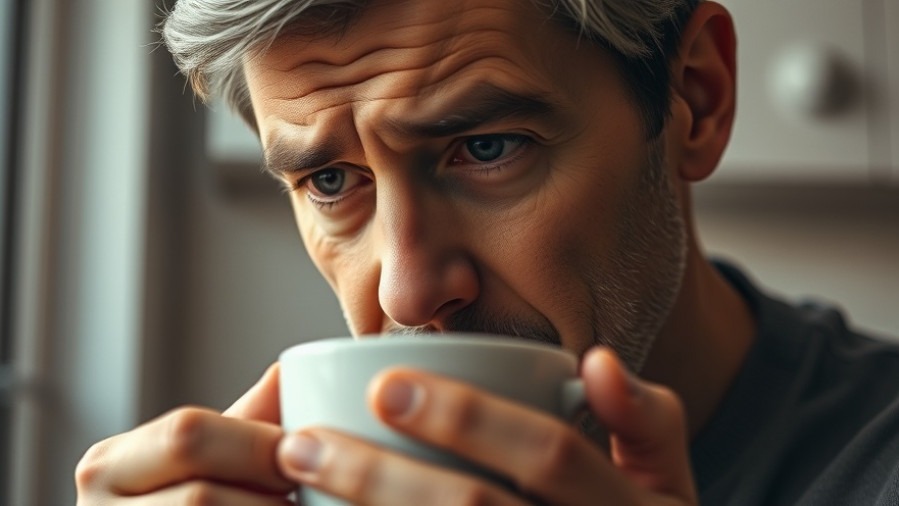 Concerned person examining coffee, highlighting mycotoxins and health risks.