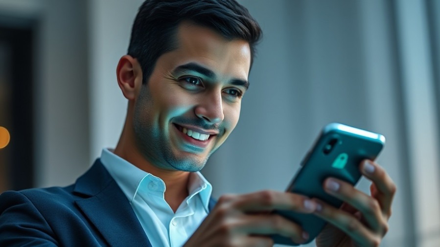 Confident professional with smartphone, showcasing data security through encryption.