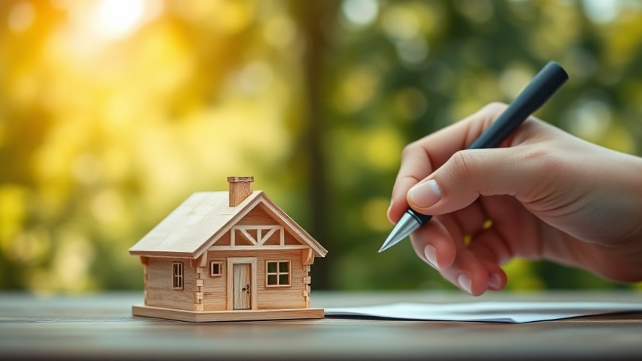 Hand writing next to a wooden house model, symbolizing housing market stability.