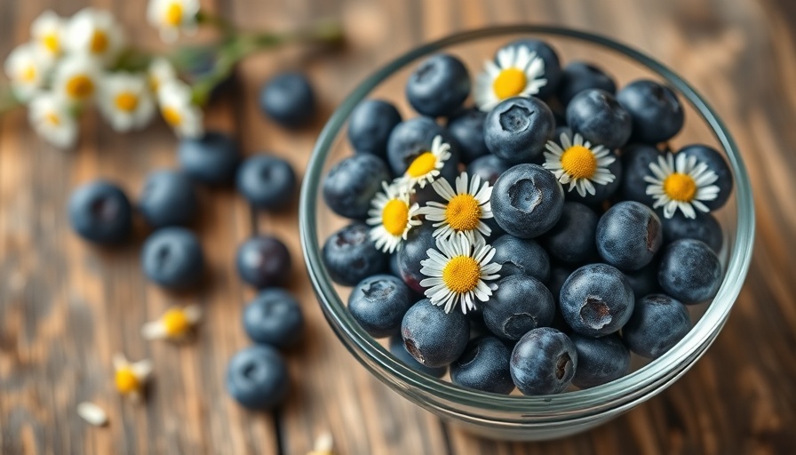 Fresh blueberries in a bowl with daisies on a rustic wood surface.