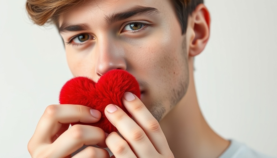 Man holding red fuzzy heart for cardiovascular health concept.