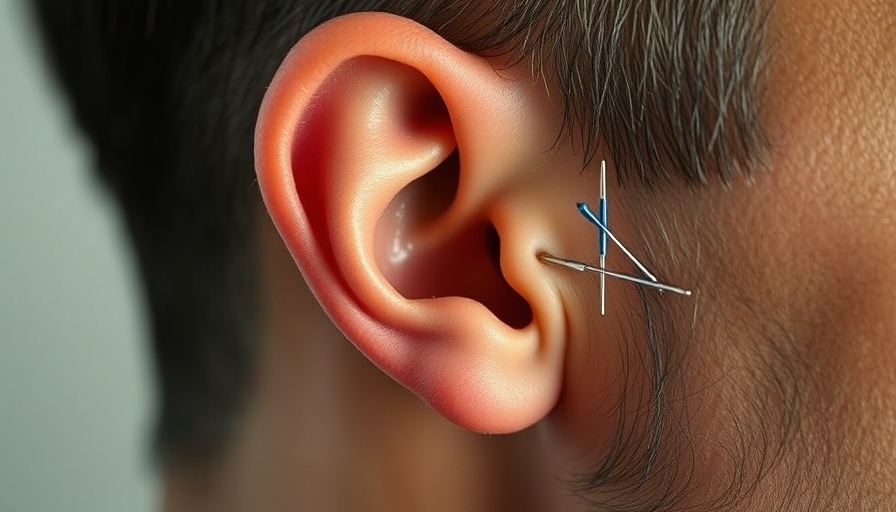 Acupuncture for dental anxiety relief in a man's ear close-up.