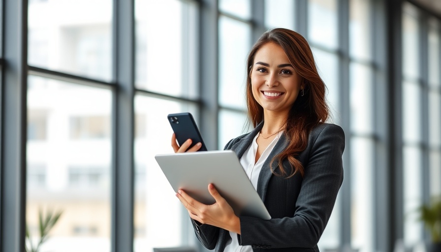 Confident businesswoman in office holding smartphone and laptop.