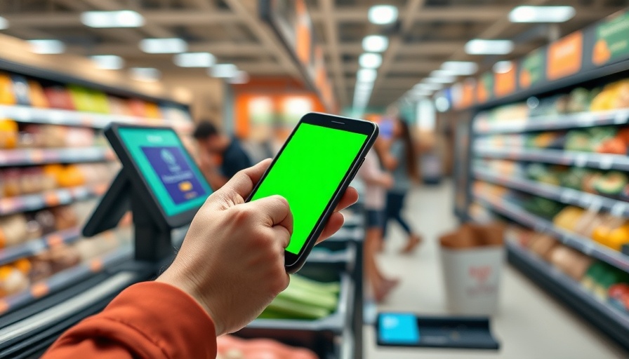 Square Online Checkout using mobile phone at supermarket checkout.