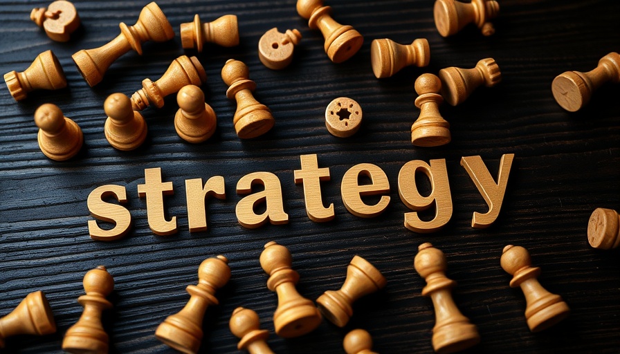AI-powered marketing strategy depicted with chess pieces and 'strategy' word.