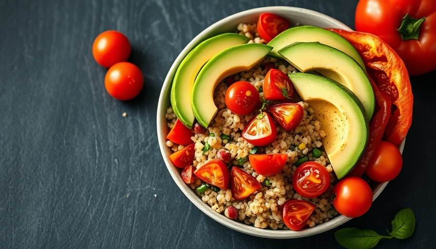 Vibrant plant-based quinoa bowl with avocado and veggies, dark background.