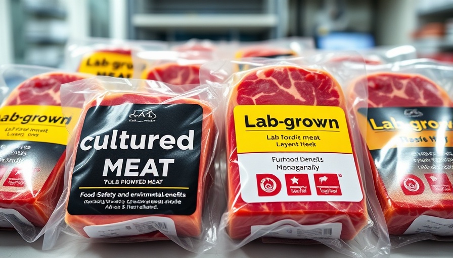 Packaged lab-grown beef with food safety labels emphasizing cultivated meat.