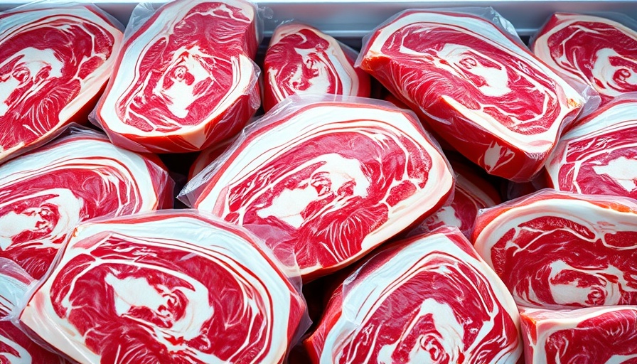 Packaged marbled meats in cooler; focus on detail.