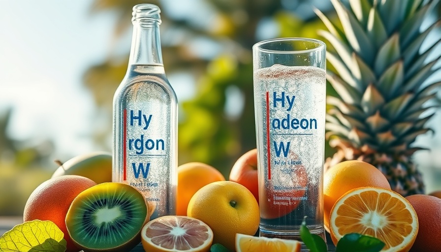 Refreshing composition highlighting benefits of hydrogen water surrounded by fruits.