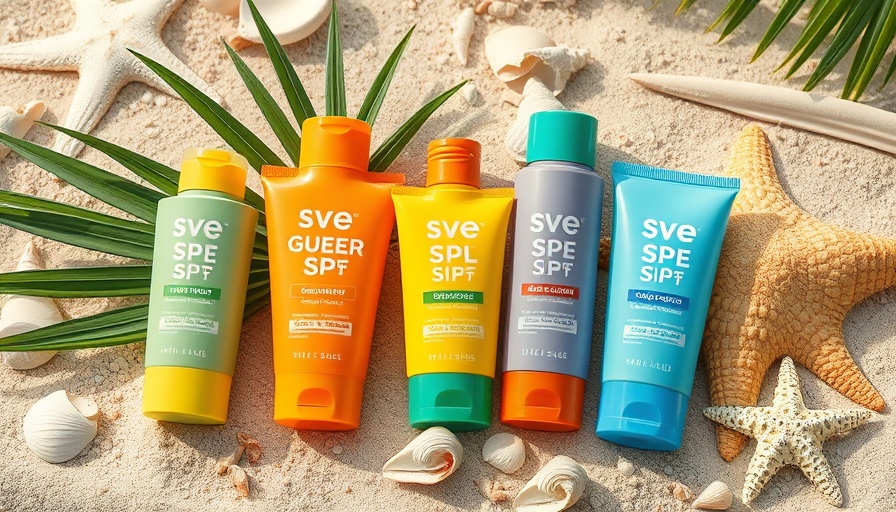 Assorted chemical-free sunscreens on a beach with tropical decor.