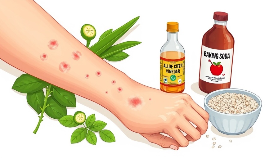 Illustration of poison ivy home remedies on a rash-covered forearm.