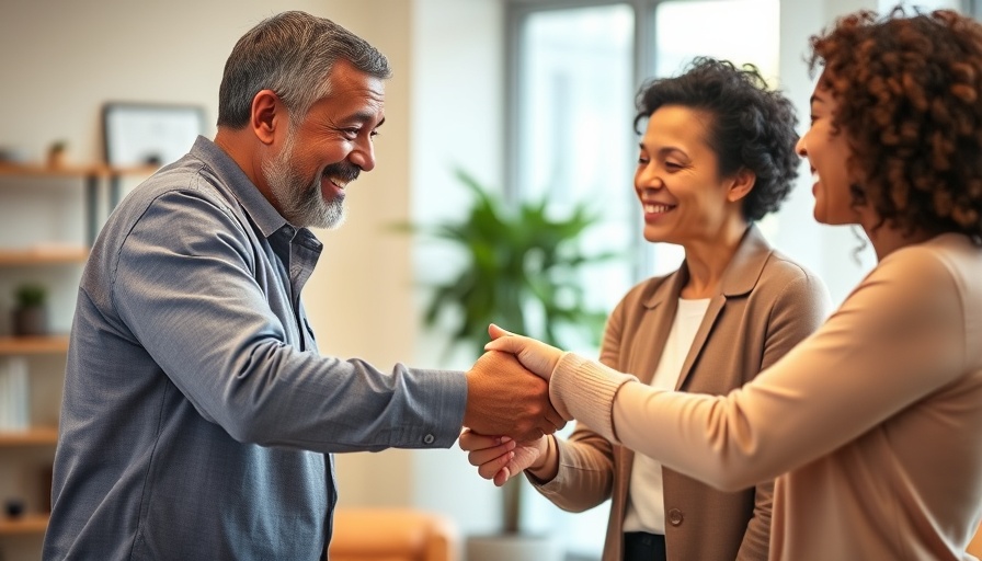 Supportive handshake in discussion on substance use disorders and problem gambling.