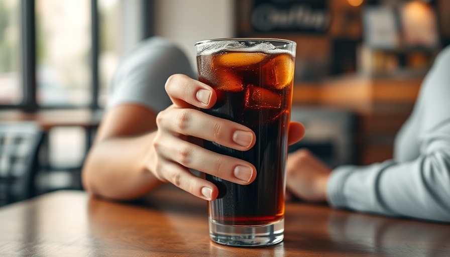 Close-up of a hand holding a glass of iced soda at a table, soft light.