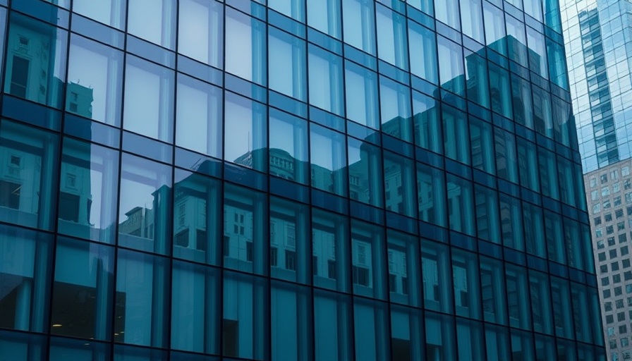 Modern glass facade of an office building reflecting cityscape.