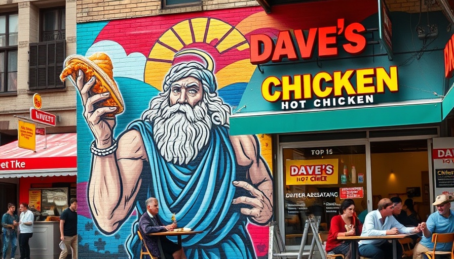 Dave's Hot Chicken franchise with vibrant mural and outdoor dining.
