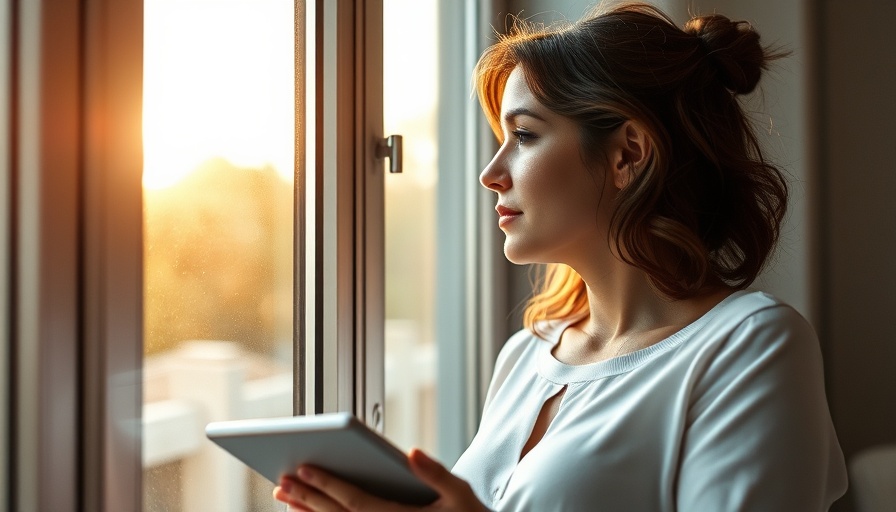 Introspective woman with tablet by window in bright sunlight.