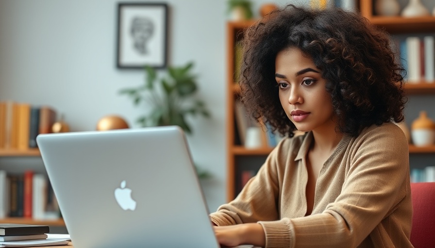 Focused young woman using laptop in office setting, Canva AI Tools for Freelancers.