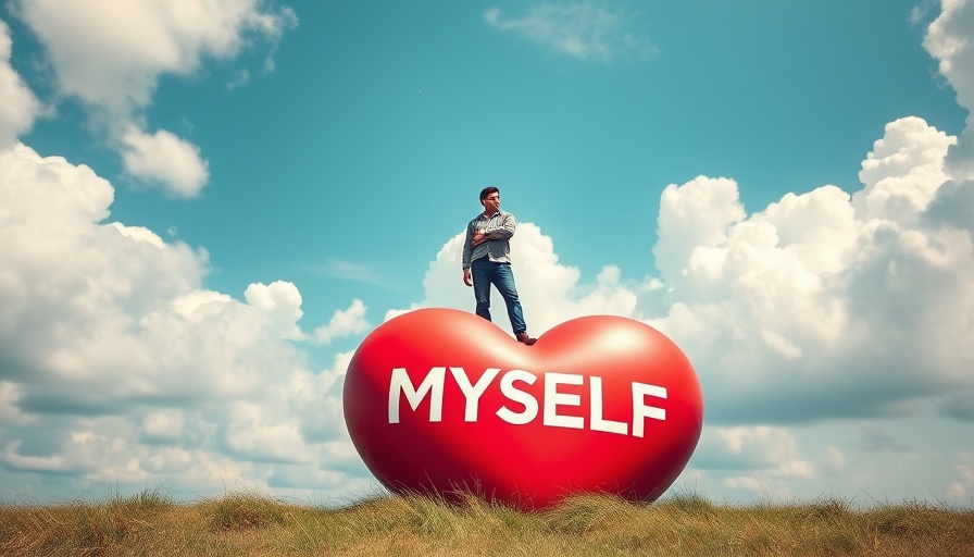 Handling Narcissism in the Workplace: Man atop 'MYSELF' heart in sunny landscape.