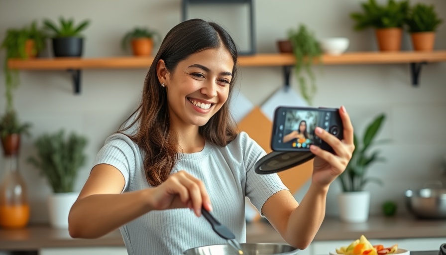 Young woman filming a cooking video on smartphone in modern kitchen.