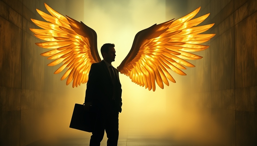 Angel Investor vs. Venture Capital symbolism: businessman with glowing wings.