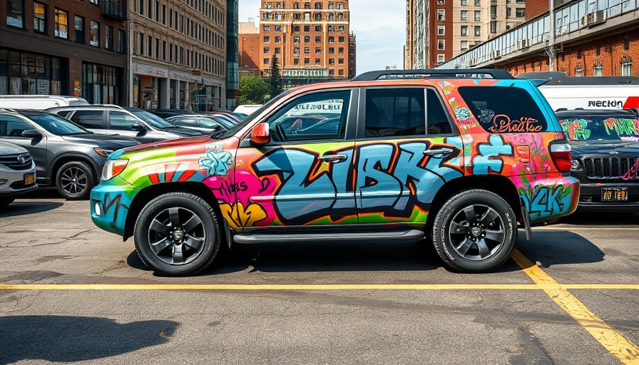 Colorful SUV with graffiti art parked in urban area.