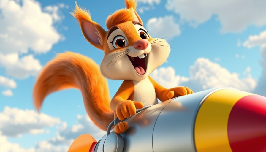 Cartoon squirrel riding a rocket, excited in the sky, Redfin Rocket merger theme.