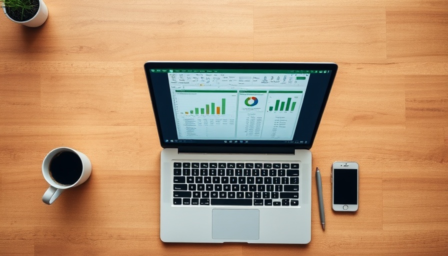 Laptop with Microsoft Excel showing data and charts on a desk.