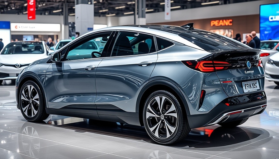 Modern electric vehicle at auto show highlighting EV mass adoption challenges.