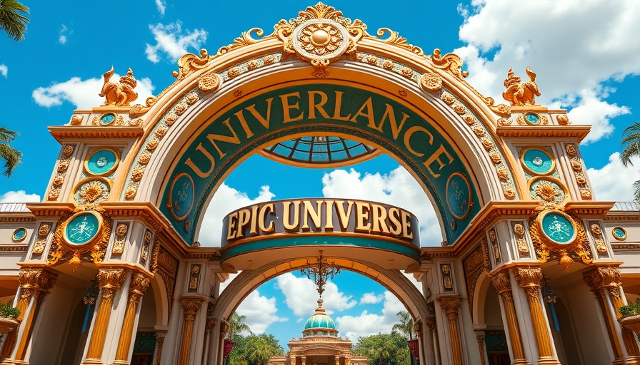 Epic Universe entry gate at Universal Orlando with celestial designs under blue sky.