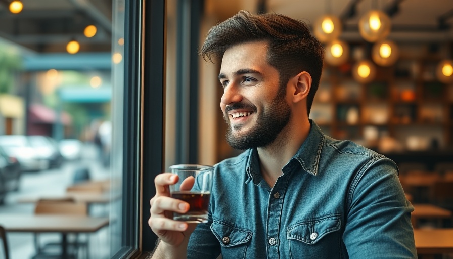 Casual man contemplating success in a cafe, warm light.