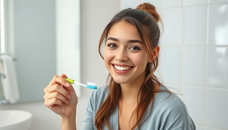 Smiling young woman with toothbrush, emphasizing oral health and wellness in a bathroom setting.