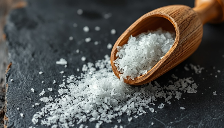 Sea salt crystals spilling from wooden scoop on slate.