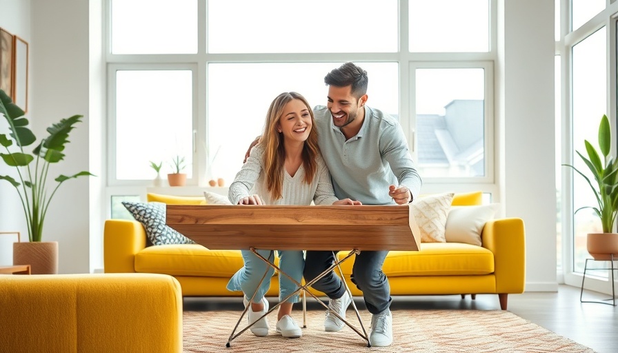 Two friends lifting a table in a modern bright room; buying a house with a friend.