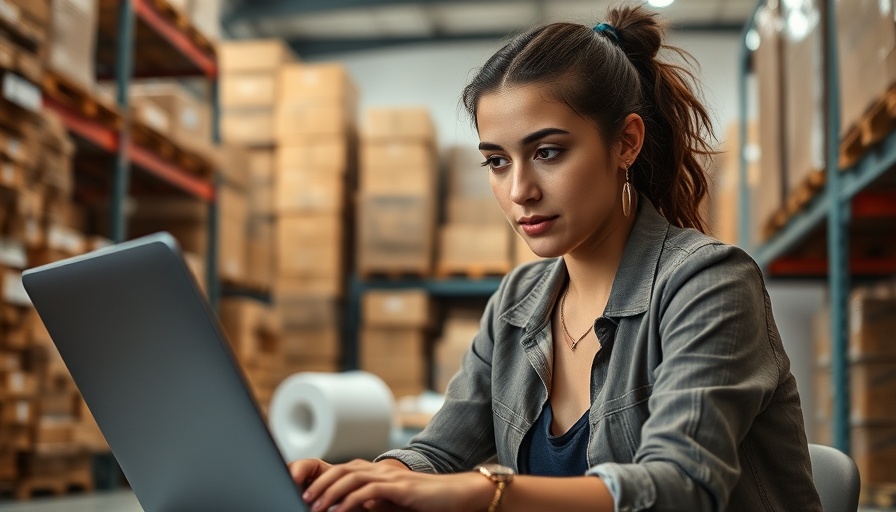 Young woman strategizing on tariff mitigation for SMBs in a warehouse.