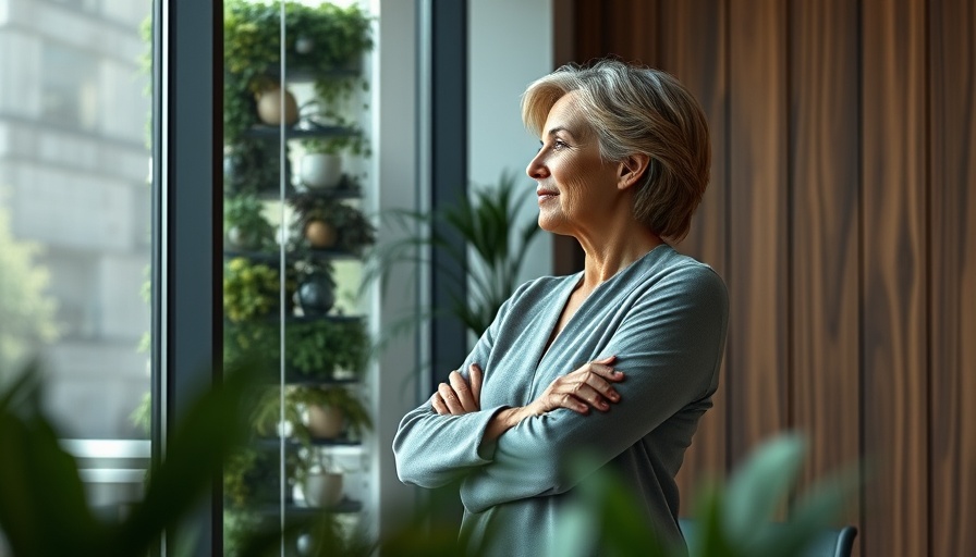 Pensive woman in office, contemplating burnout by window.