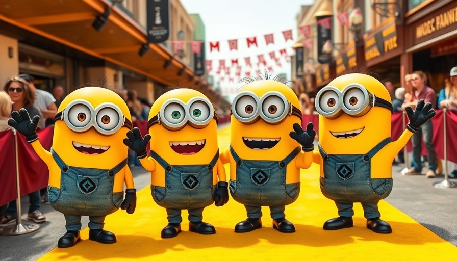 Minion mascots at film festival, posing on yellow carpet.