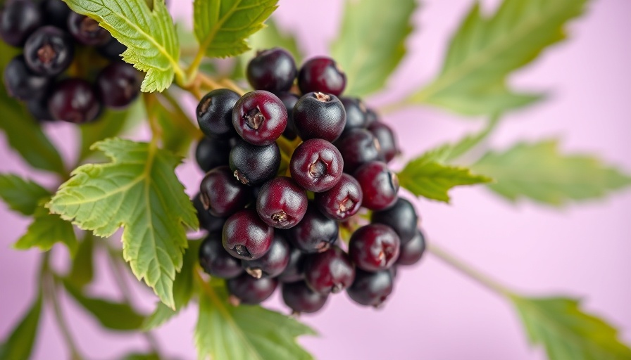 Fresh elderberries on a purple background with green leaves.