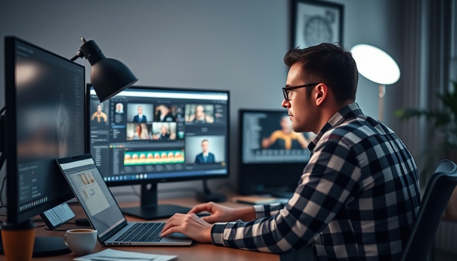 Person editing video on dual screens in modern office.