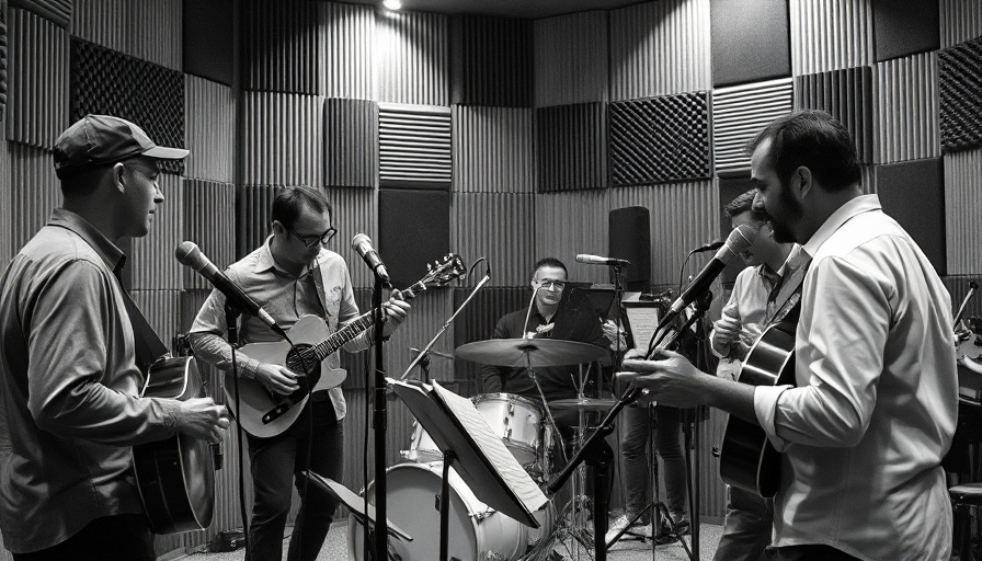 Vintage photo of musicians in a recording studio discussing success.