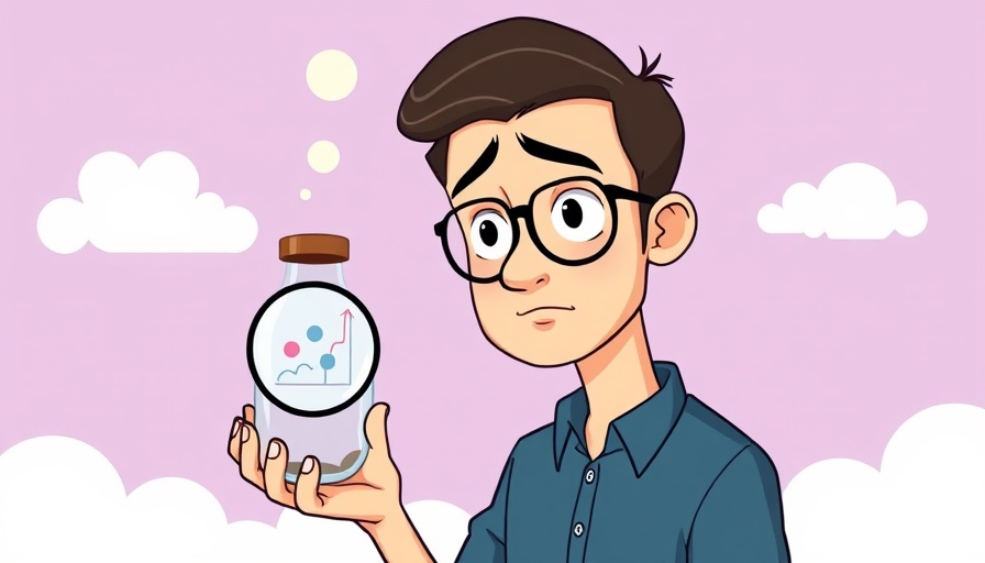 Cartoon of person finding a business problem to solve with a large bottle and chart.