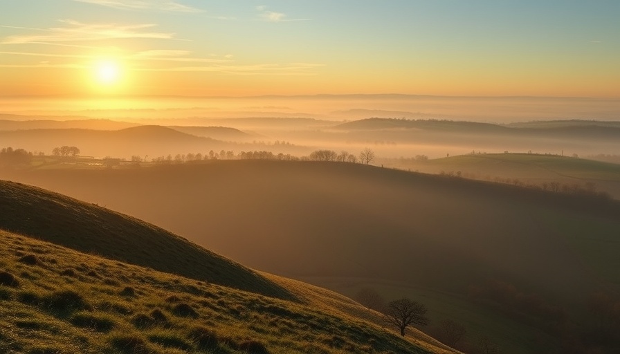 Experience Northern Somerset: peaceful sunrise over rolling hills and misty fields.