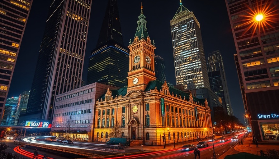 Great Rebalancing Housing Markets: Vibrant nighttime cityscape with historic clock tower.