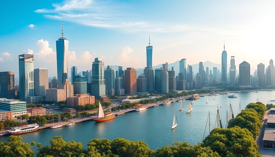 Vibrant cityscape with waterfront and sailboats near Chase Vacation Home Rentals.