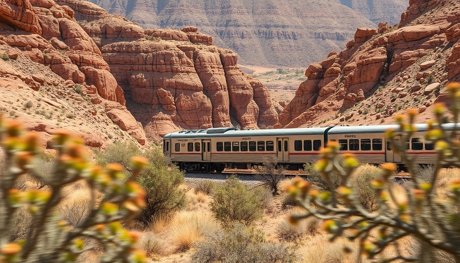 Scenic train journey through national park canyon landscape.