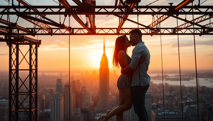 Romantic scene at Megalopolis film event with couple on beams.