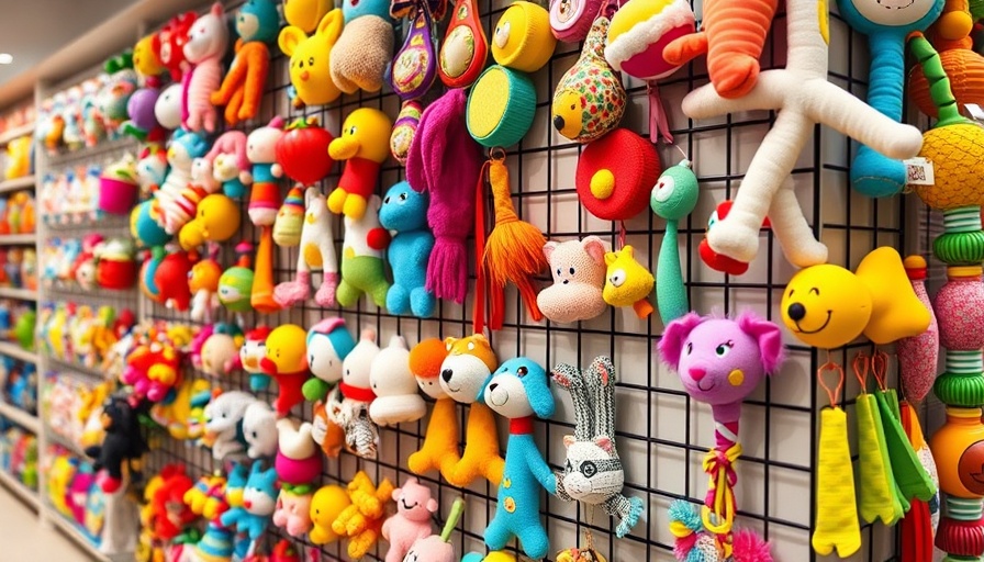Colorful display of pet toys on wall grid in shop, vibrant design.