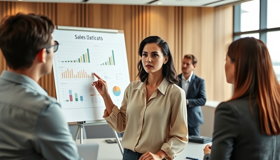 Sales Role Playing: Woman presenting sales data in a modern office.